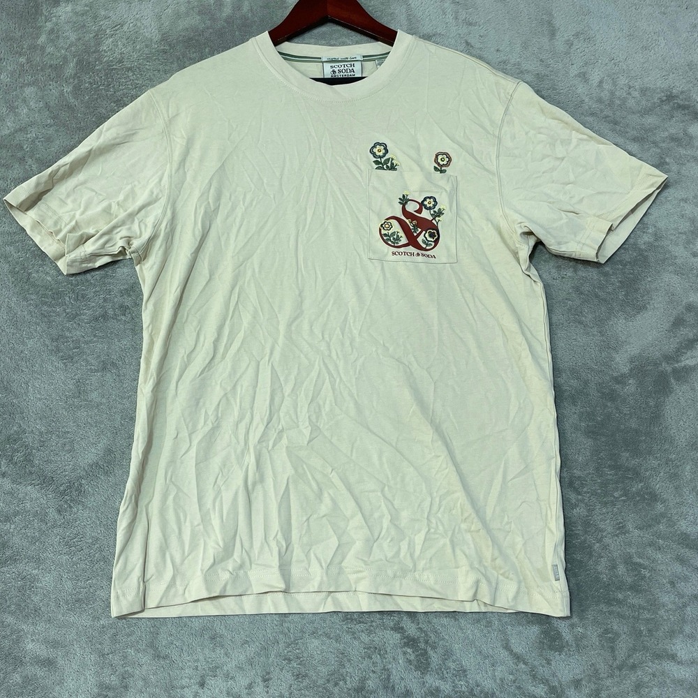 NWT Scotch & Soda T-Shirt Men's Medium Sand Cotton Floral Pocket Tee